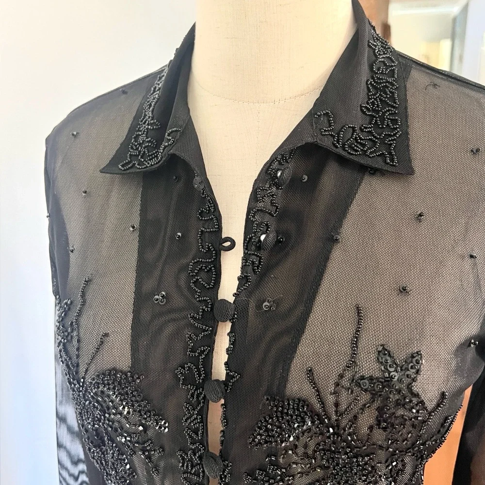 VTG Caché,Sheer Beaded Mesh Blouse 90s Y2K Evening Goth Glam Stretch Top Size L - Picture 6 of 12